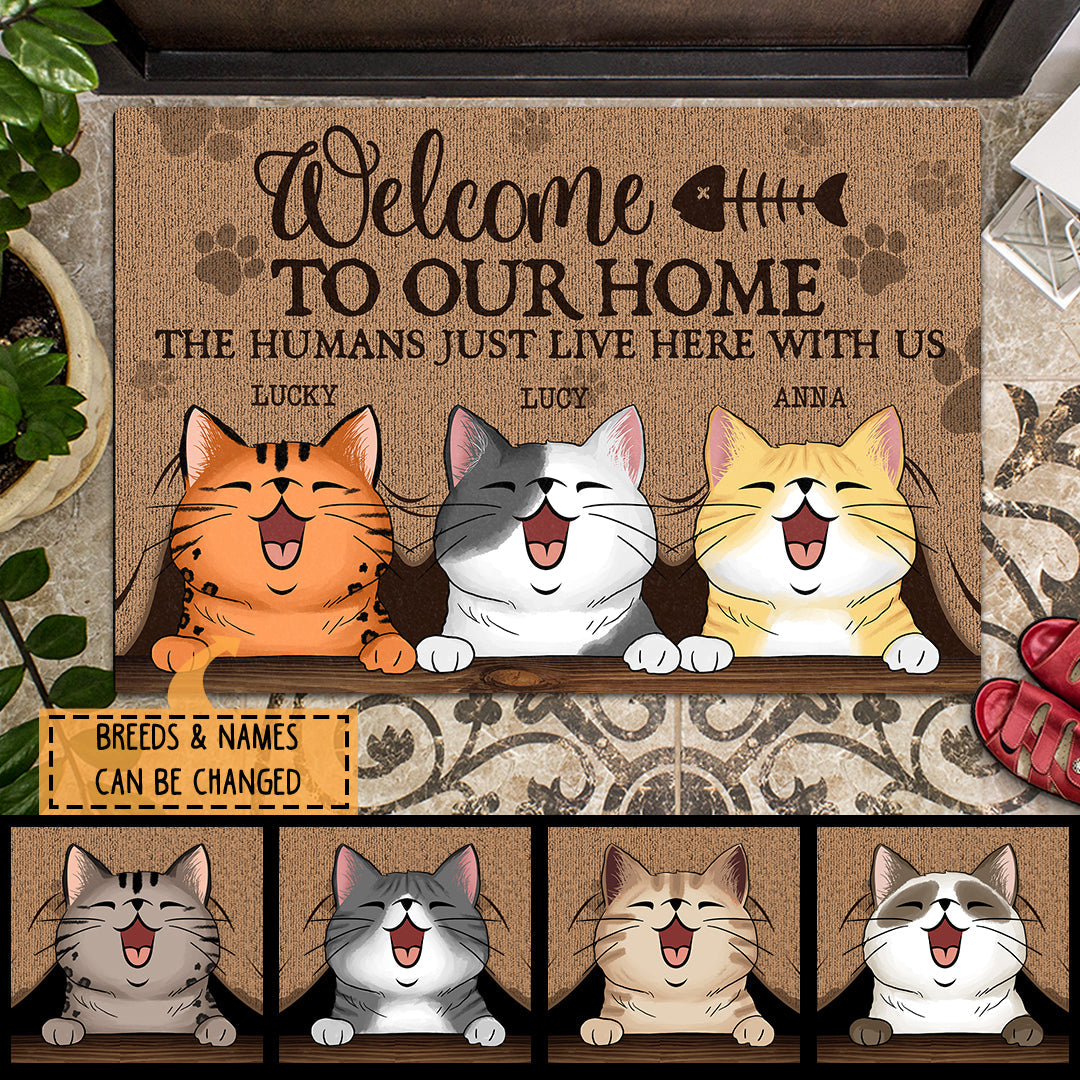 Welcome To Our Home - Peeking Laughing Cats Behind Curtain - Personalized Cat Doormat