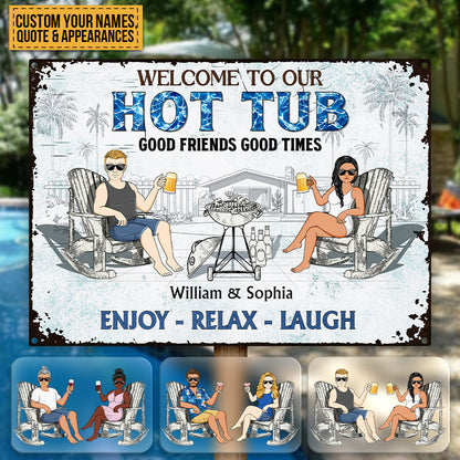 Poolside Grilling Listen To The Good Music Couple Husband Wife Pride - Backyard Sign - Personalized Custom Classic Metal Signs